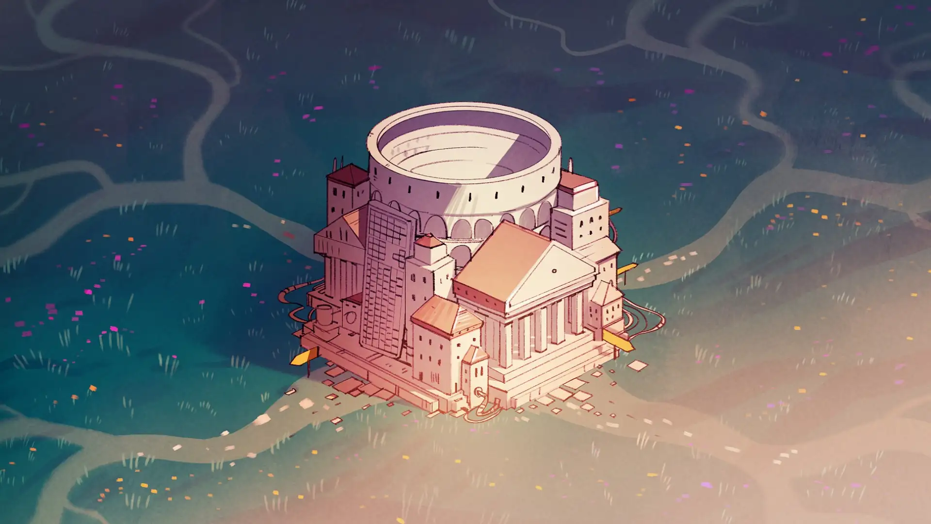 A compact cityscape with Colosseum and Roman architecture including a keyboard showing many roads in all directions.
