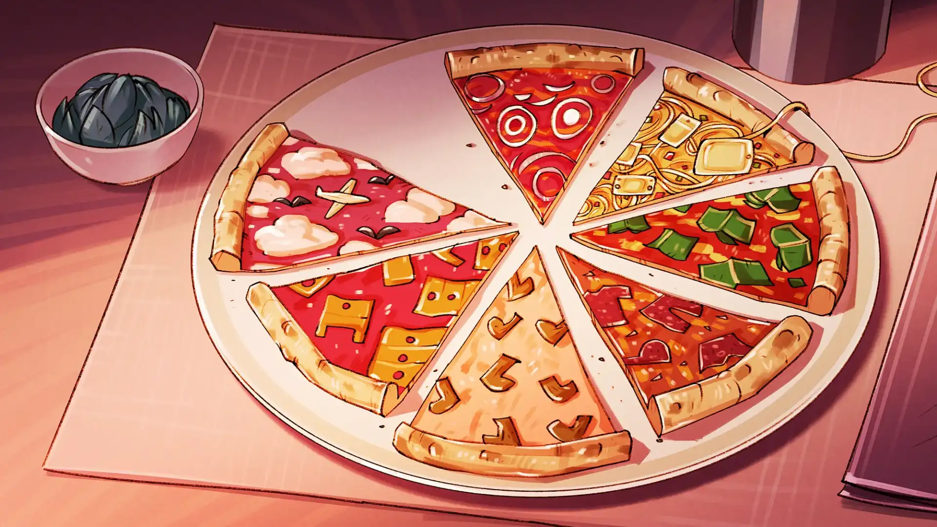 Sieben gro&szlig;e St&uuml;cke einer Pizza, das achte fehlt. Die St&uuml;cke symbolisieren unterschiedliche Segmente des Online-Handels symbolisiert. Von 12 Uhr im Uhrzeigersinn Fahrr&auml;der (aus Zwiebeln auf Tomatensauce), Elektronik (K&auml;asest&uuml;cke), B&uuml;cher (Gem&uuml;sest&uuml;cke), Kleidung (Wurst), Schuhe (Pilze), M&ouml;bel (wie K&auml;se) und Reisen (wolen und Flugzeuge).