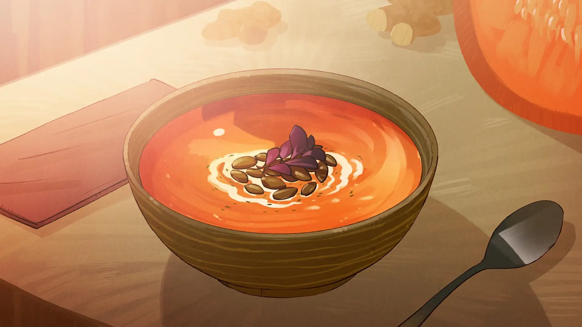 A delicious, red pumpkin soup with a cream topping with a shape suggesting the Firefox logo.