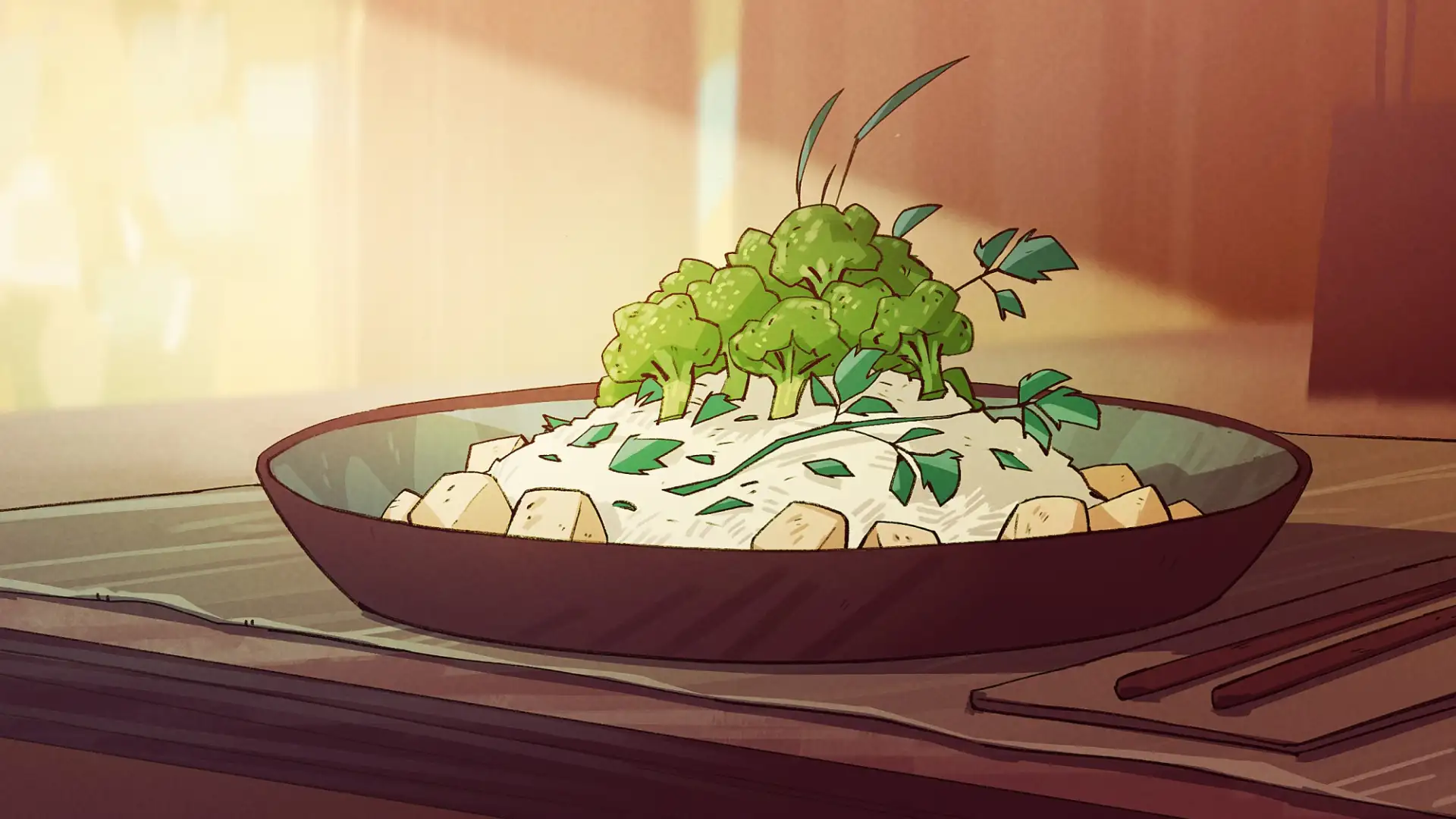 Tasty bowl of tofu with broccoli forest topping