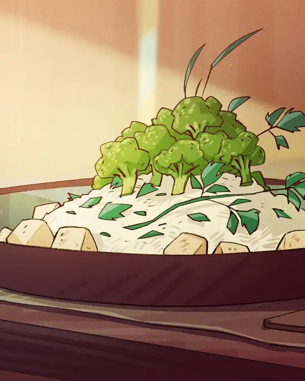 Tasty bowl of tofu with broccoli forest topping