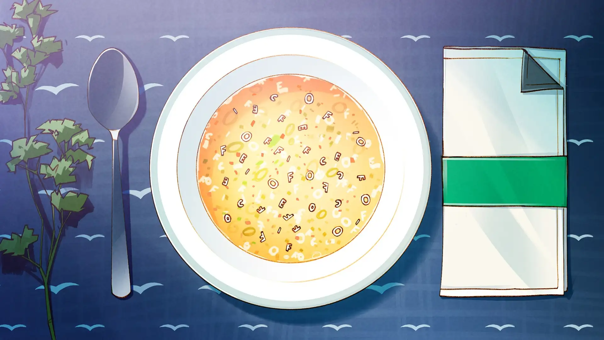 Delicious alphabet soup on a table with a marine-themed tablecloth and a napkin with a Libre-Office look
