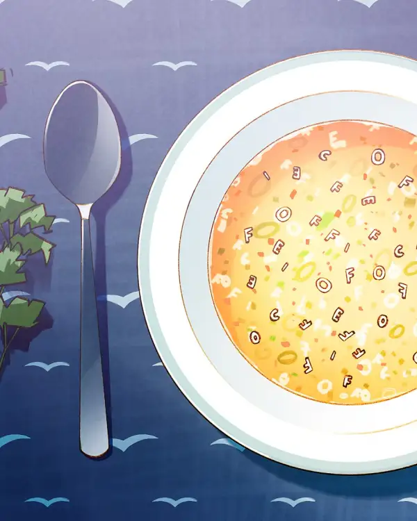 Delicious alphabet soup on a table with a marine-themed tablecloth and a napkin with a Libre-Office look