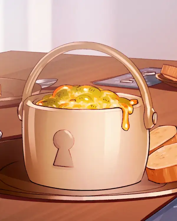 Illustration eines gedeckten Tisches mit drei hellen Kocht&ouml;pfen, die jeweils ein schlossf&ouml;rmiges Symbol auf der Vorderseite tragen. Die T&ouml;pfe sind mit einer goldgelben Suppe gef&uuml;llt, die leicht &uuml;ber den Rand quillt. Vor dem mittleren Topf liegen zwei Scheiben Brot auf einem Teller. Auf dem Tisch befinden sich au&szlig;erdem L&ouml;ffel und blaue Servietten mit einem Schl&uuml;sselmotiv. Warmes Licht f&auml;llt von links auf die Szene und erzeugt eine gem&uuml;tliche, m&auml;rchenhafte Atmosph&auml;re.