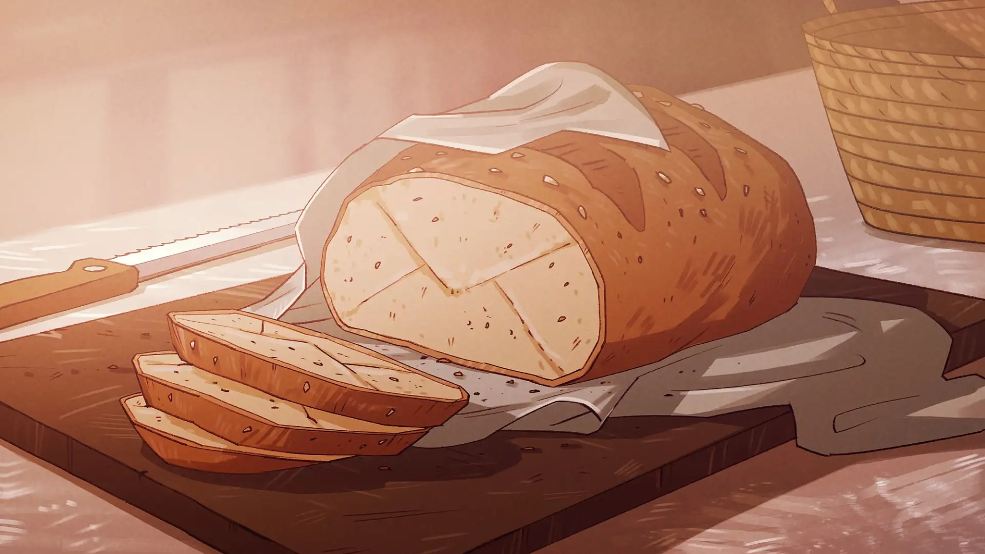 Fresh bread is being cut into slices that look similar to letters/e-mails