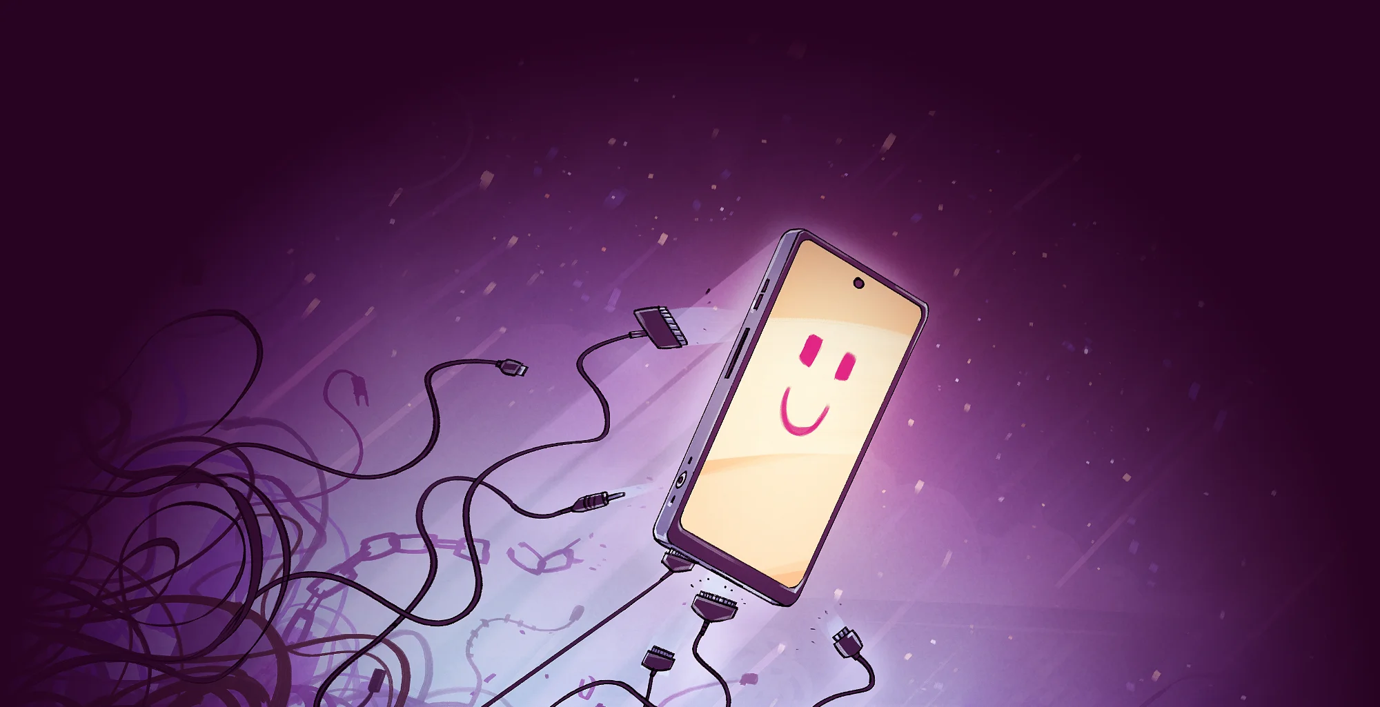 Happy smartphone in front of a galactical background, freeing itself from cables